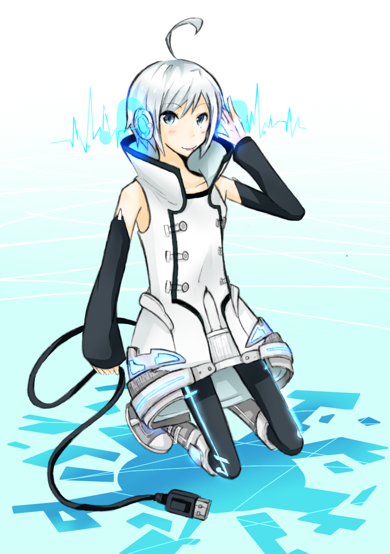 1boy blue_eyes full_body gradient_background headphones male_focus solo usb utatane_piko vocaloid white_hair