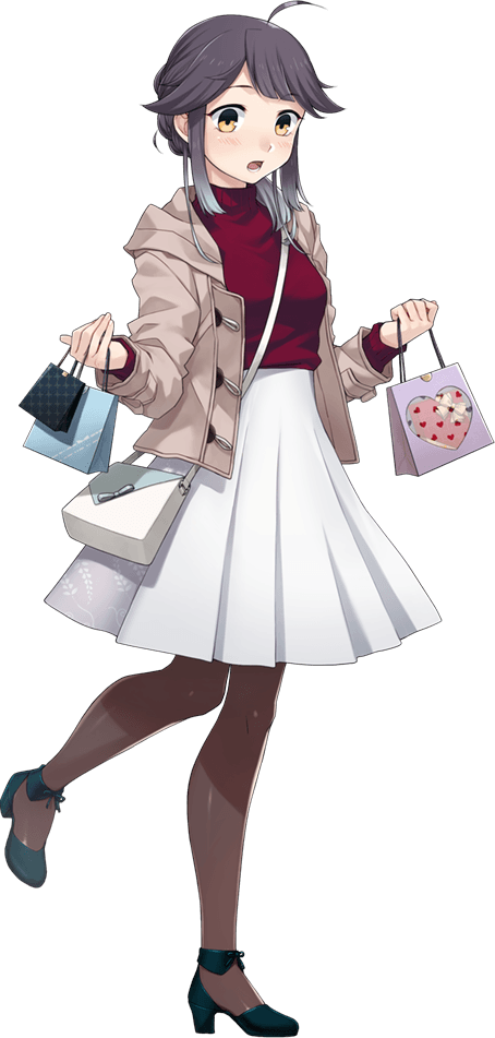 1girl ahoge alternate_costume bag black_hair black_pantyhose blouse female_focus fujikawa full_body gradient_hair hayanami_(kancolle) hayanami_(valentine)_(kancolle) holding holding_bag kantai_collection multicolored_hair official_art pantyhose red_shirt shirt short_hair shoulder_bag solo transparent_background yellow_eyes