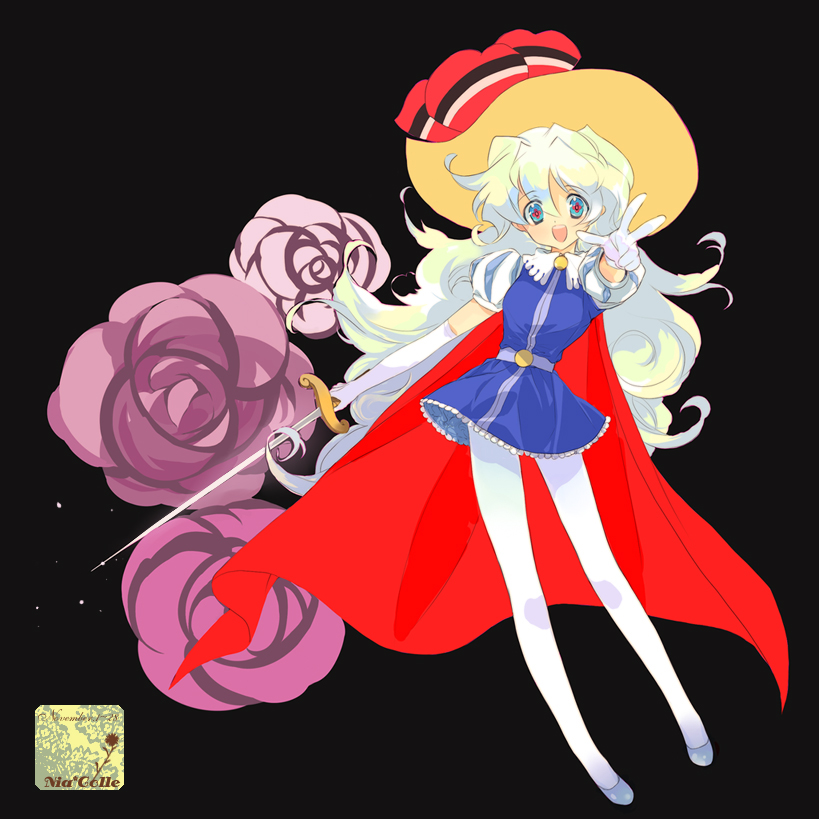 +_+ 1girl bad_id bad_pixiv_id belt black_background blonde_hair blue_eyes blue_hair cape cosplay elbow_gloves female_focus gloves hat long_hair multicolored_hair ni_(2shi) nia_teppelin open_mouth pantyhose princess_sapphire princess_sapphire_(cosplay) rapier ribbon_no_kishi simple_background smile solo sword symbol-shaped_pupils teeth tengen_toppa_gurren_lagann two-tone_hair weapon