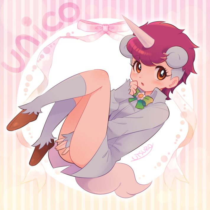 blush bow bowtie brown_footwear commentary_request curled_up flower_neckwear green_bow green_bowtie horns kemono_friends kemono_friends_3 long_sleeves looking_at_viewer orange_eyes pink_hair shirt short_hair single_horn socks solo unico unico_(character) unico_(kemono_friends) unicorn_girl utsuro_atomo white_shirt white_socks