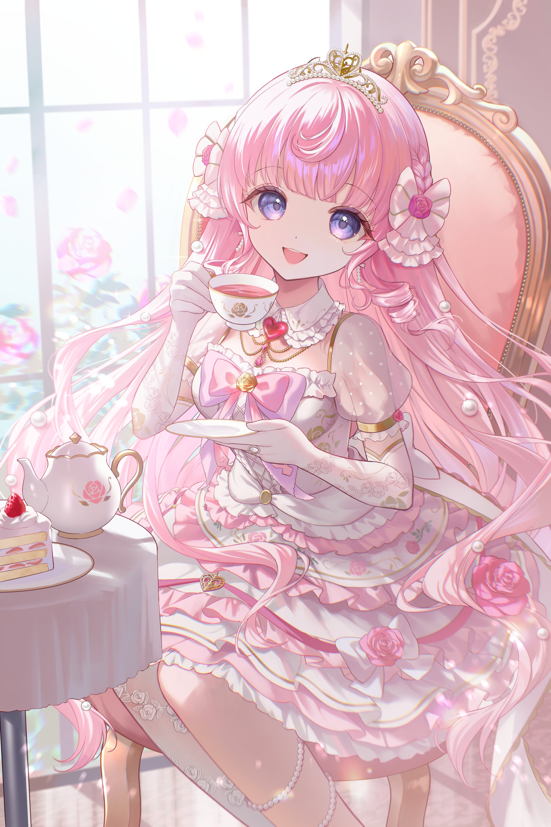 1girl absurdres bow cake chair collar cup dress elbow_gloves flower food gloves hair_bow heart_collar highres hiiragisoyogi himeno_aimu holding holding_cup holding_plate indie_virtual_youtuber indoors jewelry long_hair looking_at_viewer necklace pink_bow pink_dress pink_flower pink_hair plate puffy_short_sleeves puffy_sleeves purple_eyes second-party_source see-through_clothes see-through_sleeves short_sleeves sitting solo teacup teapot tiara two-tone_dress very_long_hair virtual_youtuber white_bow white_collar white_dress white_gloves