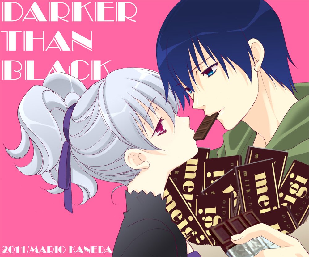 1boy 1girl artist_name black_dress blue_eyes blue_hair candy chocolate chocolate_bar couple darker_than_black dress food food_in_mouth green_hoodie grey_hair hair_between_eyes hair_ribbon hei_(darker_than_black) holding holding_chocolate holding_food hood hoodie looking_at_another mario_kaneda medium_hair pink_background ponytail purple_eyes ribbon sharing_food short_hair upper_body wavy_hair yin_(darker_than_black)
