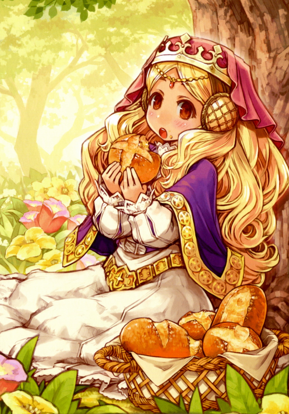 1girl against_tree basket blonde_hair blush bread crumbs day dress eating female_focus flower food food_on_face grand_knights_history highres holding holding_food long_hair long_sleeves looking_at_viewer nature open_mouth outdoors princess_sefia purple_flower red_eyes shigatake sitting solo swept_bangs tree tulip yellow_flower
