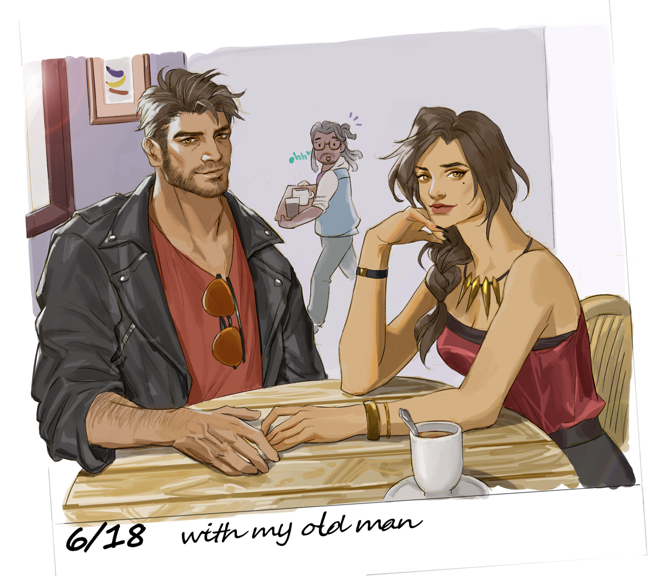 1girl 2boys alleveolive arm_hair beard black_hair black_jacket bracelet brown_eyes brown_hair commentary cup dark-skinned_male dark_skin dated dream_daddy:_a_dad_dating_simulator english_commentary facial_hair father_and_daughter holding holding_tray jacket jewelry leather leather_jacket lipstick looking_at_viewer makeup matt_sella mature_male mole mole_under_eye multiple_boys necklace red_shirt robert_small shirt sitting sunglasses table tray unworn_eyewear val_small