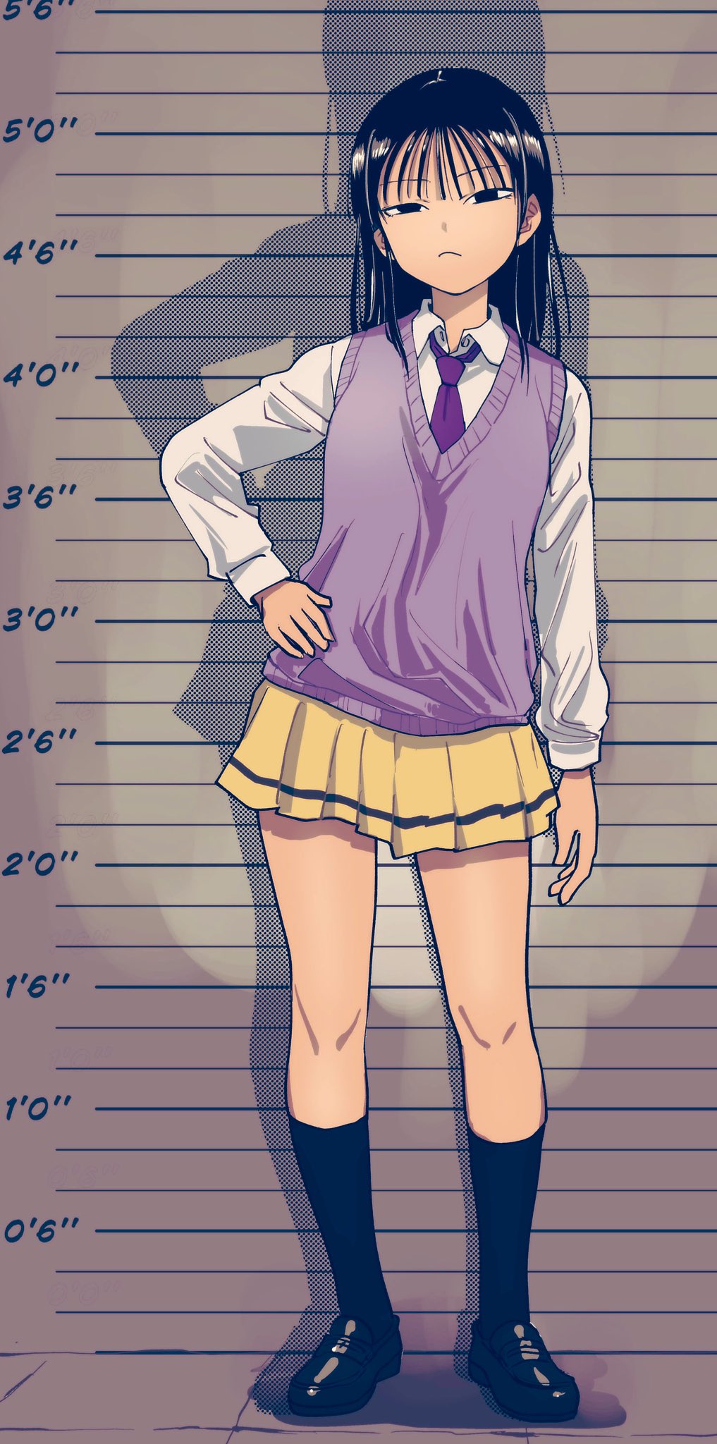 1girl black_hair hands_on_own_hips height_chart height_lineup highres leon_kame long_hair mima_sachi necktie pleated_skirt school_uniform screentones skirt sweater_vest watashi_ga_motenai_no_wa_dou_kangaetemo_omaera_ga_warui!
