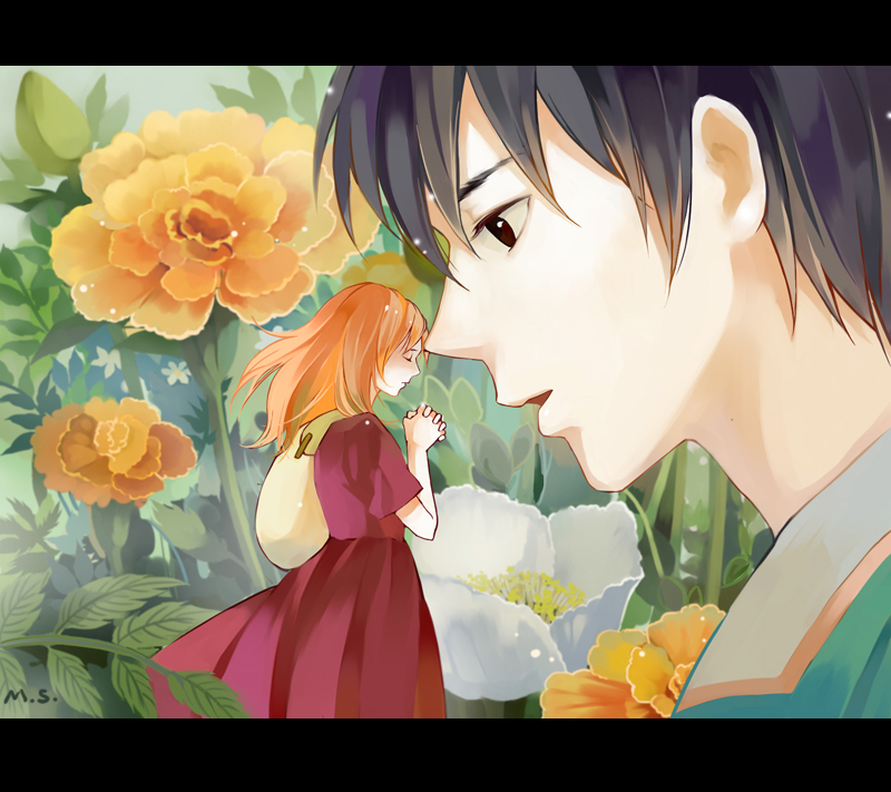 10s 1boy 1girl arrietty bag black_hair brown_eyes brown_hair closed_eyes dress face-to-face flower flower_request grass interlocked_fingers karigurashi_no_arrietty kebei letterboxed looking_at_another mini_person minigirl orange_hair own_hands_clasped own_hands_together parted_lips plant red_dress short_sleeves shou_(karigurashi_no_arrietty) size_difference studio_ghibli
