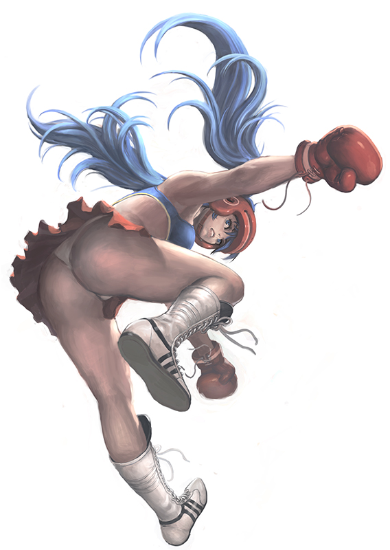 1girl ass bad_id bad_pixiv_id blue_eyes blue_hair boots boxer boxing_gloves boxing_helmet female_focus kilart long_hair matching_hair/eyes original simple_background solo twintails