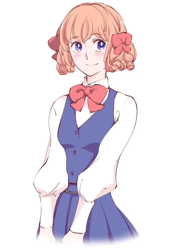 1girl ace_wo_nerae! blue_eyes blush bow brown_hair curly_hair female_focus hair_bow hanabusa_rei long_sleeves pink_hair puffy_sleeves shirt short_hair smile solo touge_hiro vest white_background