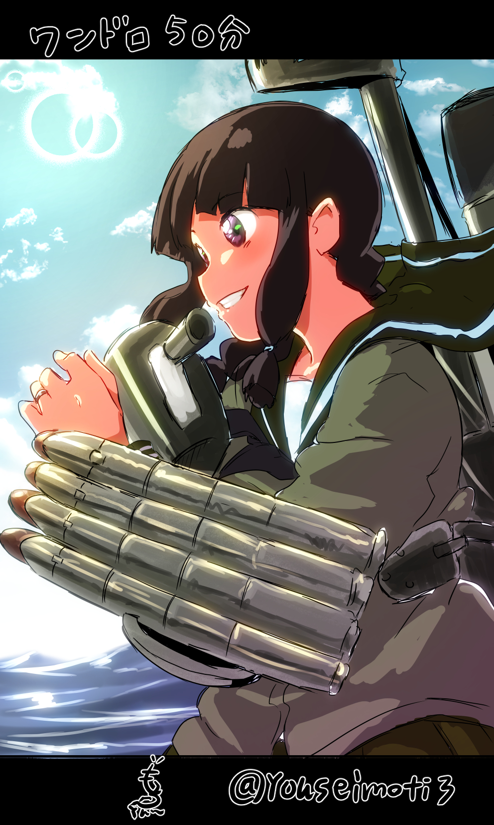 1girl adapted_turret black_hair blue_sky blunt_bangs braid brown_eyes cloud commentary_request day green_sailor_collar green_serafuku green_shirt grin hair_ribbon highres kantai_collection kitakami_(kancolle) kitakami_kai_(kancolle) long_hair long_sleeves mochisaka_mitsuki one-hour_drawing_challenge outdoors ribbon sailor_collar sailor_shirt school_uniform serafuku shirt single_braid sky smile solo torpedo_launcher tress_ribbon upper_body