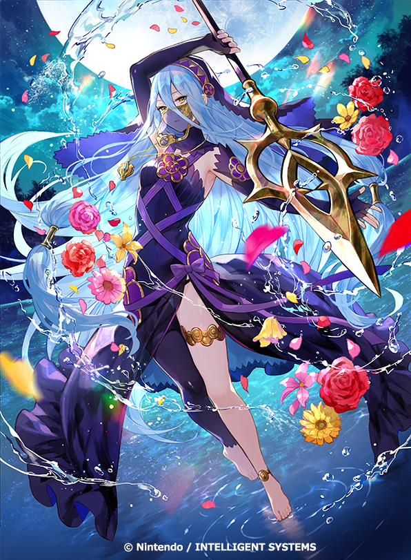 1girl anklet azura_(fire_emblem) azura_(lady_of_ballads)_(fire_emblem) barefoot black_dress black_veil blue_hair dress elbow_gloves fire_emblem fire_emblem_cipher fire_emblem_fates flower fuzichoco gloves holding holding_weapon jewelry long_hair moon mouth_veil nintendo official_art outdoors polearm purple_ribbon ribbon single_leg_pantyhose spear veil walkie-talkie water_drop weapon yellow_eyes
