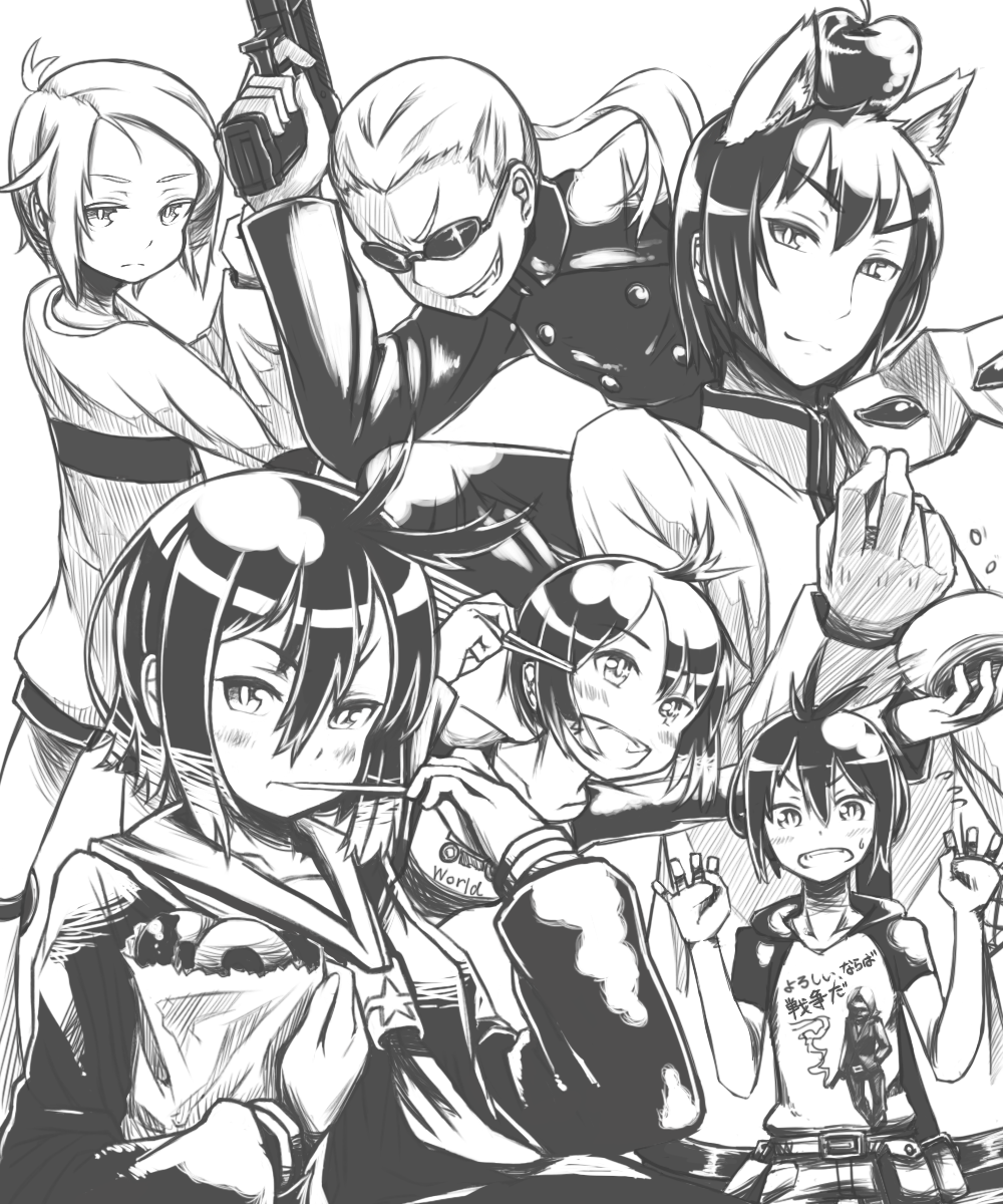 00s 1boy 2girls bad_id bad_pixiv_id character_request chopsticks gakuen_kino greyscale gun highres kaneni kino_(kino_no_tabi) kino_no_tabi mask monochrome multiple_girls shizu_(kino_no_tabi) short_hair sunglasses weapon