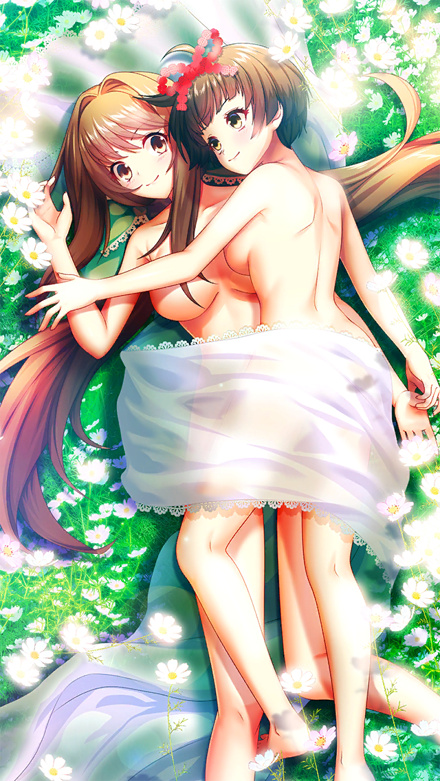 2girls barefoot breasts brown_hair character_request closed_mouth convenient_censoring day doukyuusei_(series) doukyuusei_another_world eye_contact flower from_above game_cg hair_ribbon holding_hands kakyuusei_(series) kakyuusei_2 large_breasts long_hair looking_at_another multiple_girls nude official_art outdoors red_ribbon ribbon saimon_tamaki short_hair shoulder_blades smile very_long_hair white_flower yellow_eyes yuri