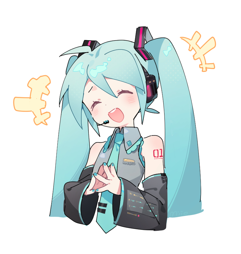 +++ 1girl ^_^ aqua_hair aqua_nails aqua_necktie arin_(fanfan013) bare_shoulders black_headphones black_sleeves closed_eyes collared_shirt commentary copyright_name cropped_torso detached_sleeves eyelashes frilled_shirt frilled_shirt_collar frills grey_shirt hair_ornament happy hatsune_miku headpiece high_collar laughing light_blush long_hair long_sleeves nail_polish necktie open_mouth own_hands_together pocket shirt simple_background sleeveless sleeveless_shirt smile solo steepled_fingers straight_hair symbol-only_commentary teeth tie_clip twintails upper_teeth_only very_long_hair vocaloid white_background wide_sleeves