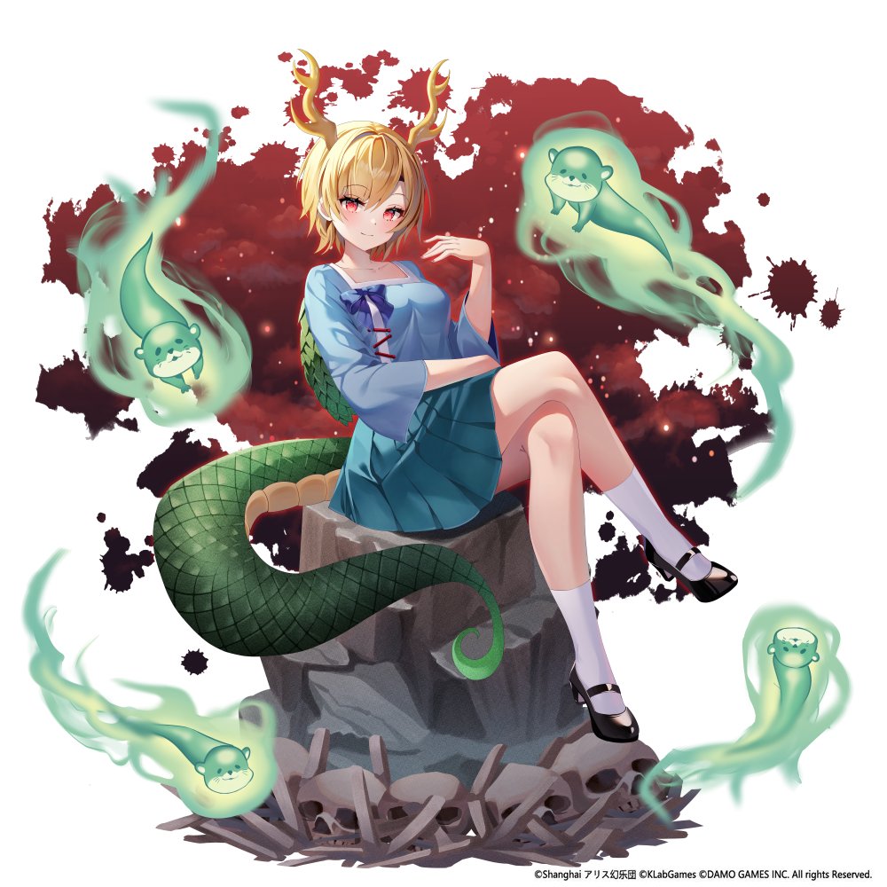 1girl antlers blonde_hair blue_shirt dragon_girl dragon_horns dragon_tail gin_(gin937) horns kicchou_yachie looking_at_viewer otter otter_spirit_(touhou) red_eyes shirt short_hair square_neckline tail touhou turtle_shell yellow_horns