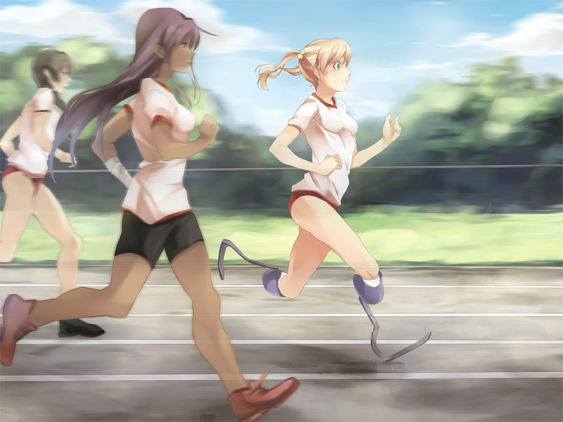 3girls amputee artist_request bandages black_hair black_shorts blonde_hair blue_sky blurry brown_shoes buruma closed_mouth cloud dark-skinned_female dark_skin day full_body game_cg grass green_eyes gym_shirt gym_uniform ibarazaki_emi katawa_shoujo legless_amputee long_hair miura_miki multiple_girls non-web_source official_art outdoors prosthesis prosthetic_leg purple_hair racing red_buruma running running_blades shirt shoes shorts sky track_and_field tree twintails white_shirt