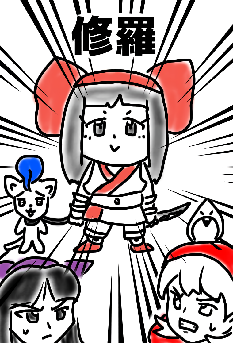 1boy 3girls ainu_clothes b.b._hood black_eyes black_hair breasts capcom capcom_vs_snk cat chibi clenched_teeth collar crossover darkstalkers dual_persona fingerless_gloves gloves hair_ribbon hood legs long_hair looking_at_viewer mamahaha multiple_girls murasaki_nakoruru nakoruru nervous pants ribbon samurai_spirits shikuru short_hair small_breasts smile snk sweatdrop teeth thighs weapon wolf