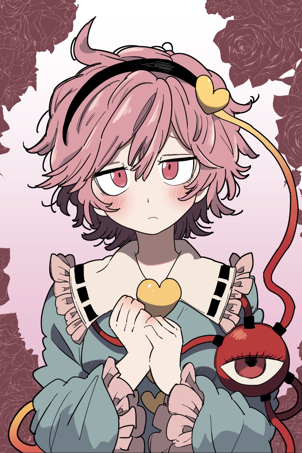 1girl black_hairband blouse blue_shirt blush bollzzalguy buttons eyeball flower frilled_shirt_collar frilled_sleeves frills hair_ornament hairband heart heart_button heart_hair_ornament highres komeiji_satori pink_eyes pink_hair rose shirt third_eye touhou wide_sleeves