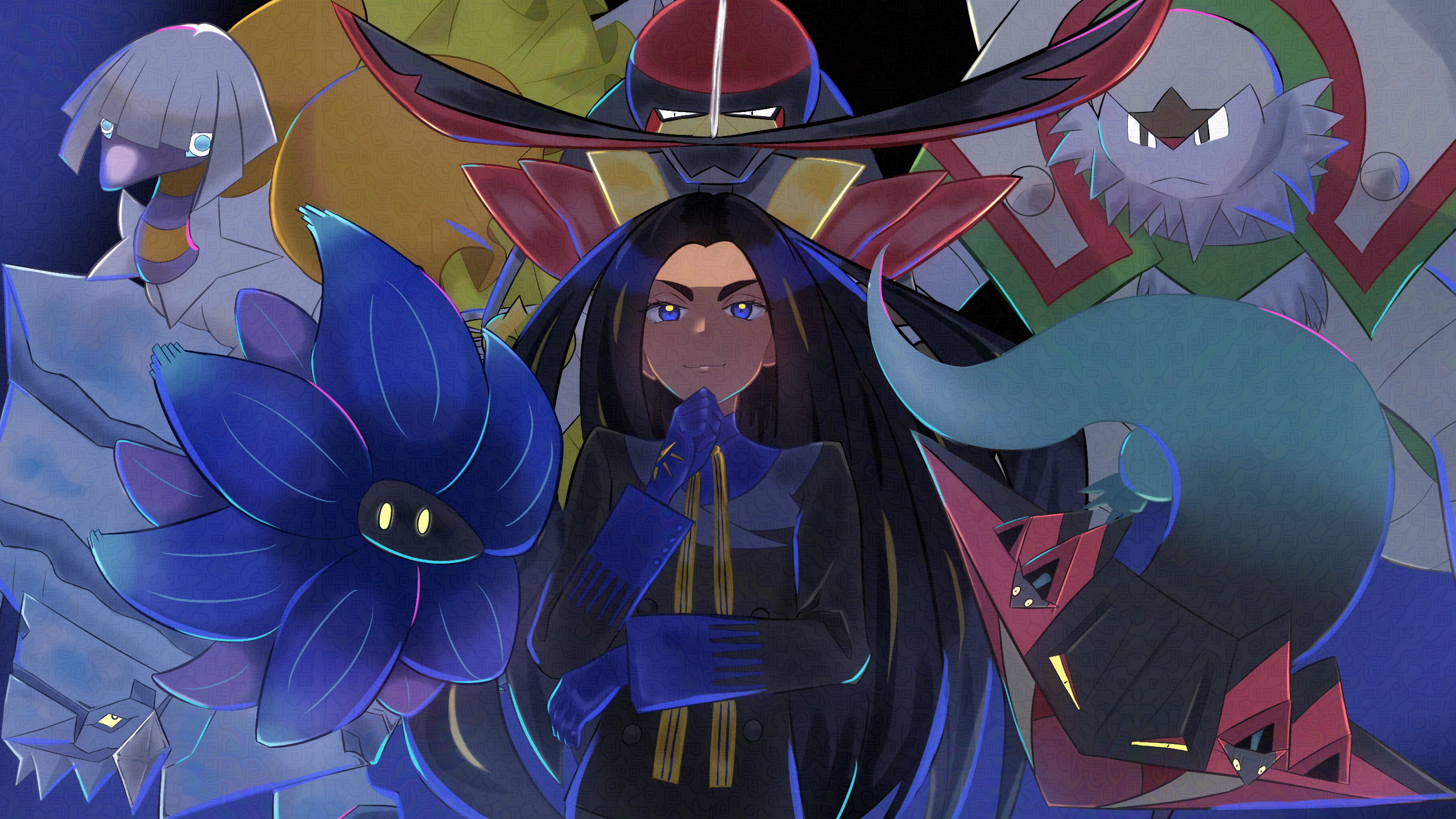 1girl avalugg black_hair black_jacket blue_eyes blue_gloves blue_shirt buttons chesnaught closed_mouth commentary_request dragapult espathra eyelashes geeta_(pokemon) gen_6_pokemon gen_8_pokemon glimmora gloves highres jacket kingambit long_hair long_sleeves multicolored_hair neck_ribbon nintendo pokemon pokemon_(creature) pokemon_sv ribbon shirt smile streaked_hair yellow_ribbon zoba_tcm
