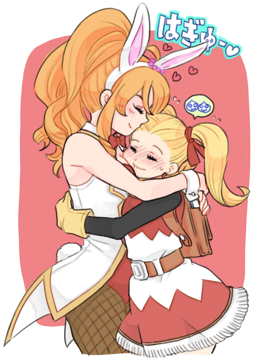 2girls animal_ear_hairband animal_ears backpack bag belt between_breasts black_shirt blonde_hair blush border bow bowtie breasts brown_belt brown_pantyhose cleavage closed_eyes commentary_request cowboy_shot curly_hair dragon_quest dragon_quest_builders_2 dress fake_animal_ears fake_tail female_builder_(dqb2) fishnet_pantyhose fishnets flying_sweatdrops fringe_trim gloves gold_trim hair_pulled_back hair_ribbon hairband head_between_breasts high_ponytail highres hug leotard medium_breasts multiple_girls neckerchief orange_hair orange_neckerchief pantyhose pero_(dqb2) ponytail profile rabbit_ears rabbit_tail red_background red_bow red_bowtie red_dress red_leotard red_ribbon ribbon shirt shirt_under_dress simple_background slime_(dragon_quest) smile speech_bubble sweatdrop tail tailcoat_playboy_bunny torinone_(nontenki) translation_request twintails two-tone_dress white_border white_dress white_hairband white_tailcoat wrist_cuffs yellow_gloves