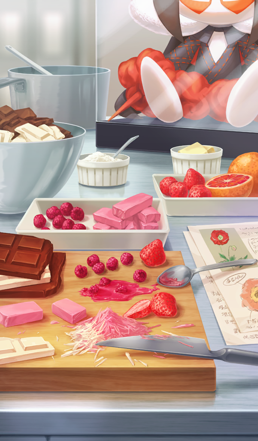 baking cake candy character_doll chocolate chocolate_bar commentary cooking_pot cutting_board fate/grand_order fate_(series) flower food food_focus fruit grapefruit knife lady_yu_doll mixing_bowl no_humans official_art paper poppy_(flower) raspberry red_flower shimizu_yako spoon still_life strawberry strawberry_slice third-party_source utensil white_chocolate