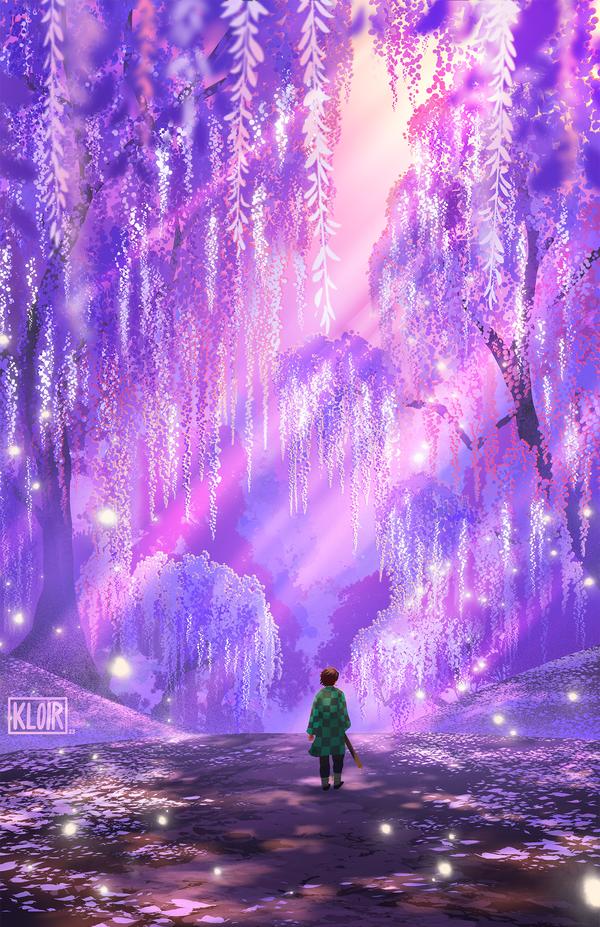 1boy cherry_blossoms dirt_road facing_away flower forest from_behind jacket japanese_clothes kamado_tanjirou kimetsu_no_yaiba kloir landscape light_particles nature painterly petals pink_flower road scenery sunlight