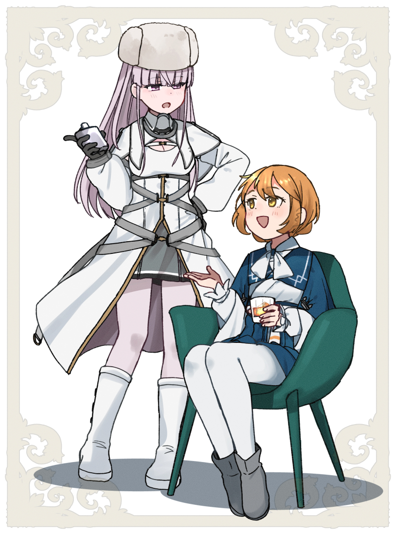 2girls annin_musou black_gloves blue_cloak blue_skirt brown_eyes capelet chair cloak dress full_body fur_hat glass gloves grey_skirt hat kantai_collection kirov_(kancolle) long_hair multiple_girls ootomari_(kancolle) pantyhose papakha pink_eyes pink_hair shirt sitting skirt smile white_capelet white_dress white_hat white_pantyhose white_shirt yellow_eyes