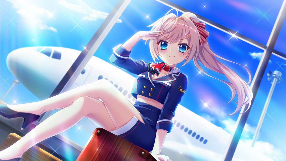 >:) 1girl ahoge aircraft airplane airport arm_support bare_legs black_footwear blue_eyes blue_skirt blue_sky bow breasts buttons closed_mouth cloud collarbone crop_top crop_top_overhang crossed_legs day dot_nose double-breasted dutch_angle film_grain flight_attendant game_cg hair_bow hair_intakes hair_ornament hairclip high_heels high_ponytail himura_nagisa indoors izumi_tsubasu jet_airliner large_bow long_hair medium_breasts midriff non-web_source official_art on_suitcase pencil_skirt pink_hair ponytail pumps re:stage! red_bow red_scarf salute scarf side_slit sitting skirt sky smile sparkle striped_bow suitcase swept_bangs travel_attendant v-shaped_eyebrows