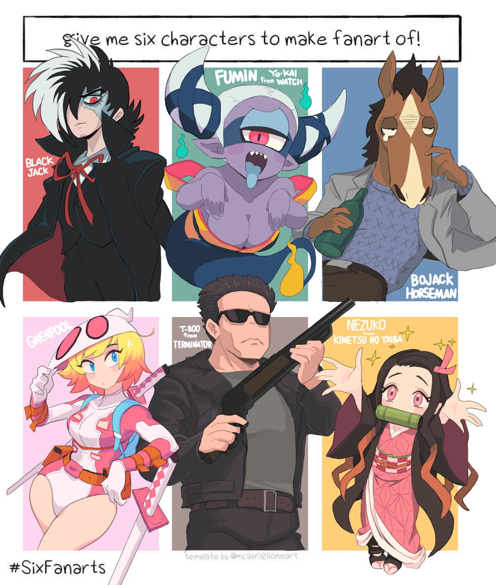 3boys 3girls arms_up arnold_schwarzenegger belt bit_gag black_eyes black_hair black_jack_(character) black_jack_(series) blonde_hair blue_eyes blue_tongue blush blush_stickers bojack_horseman bojack_horseman_(series) bottle breasts brown_hair character_name cleavage closed_mouth colored_tongue commentary_request copyright_name crossover cyclops english_text fuumin_(youkai_watch) gag gashi-gashi ghost gun gwenpool holding holding_bottle holding_gun holding_weapon horse japanese_clothes kamado_nezuko katana kimetsu_no_yaiba kimono looking_up marvel multicolored_hair multiple_boys multiple_crossover multiple_drawing_challenge multiple_girls neck_ribbon one-eyed open_mouth parted_lips patchwork_skin pink_eyes pointy_ears pouch red_eyes red_ribbon ribbon scabbard sharp_teeth sheath short_hair shotgun six_fanarts_challenge slit_pupils sparkle split-color_hair standing sunglasses sword t-800 tearing_up teeth terminator_(series) the_terminator tongue tongue_out twitter_username upper_teeth_only weapon weapon_on_back white_hair youkai_(youkai_watch) youkai_watch