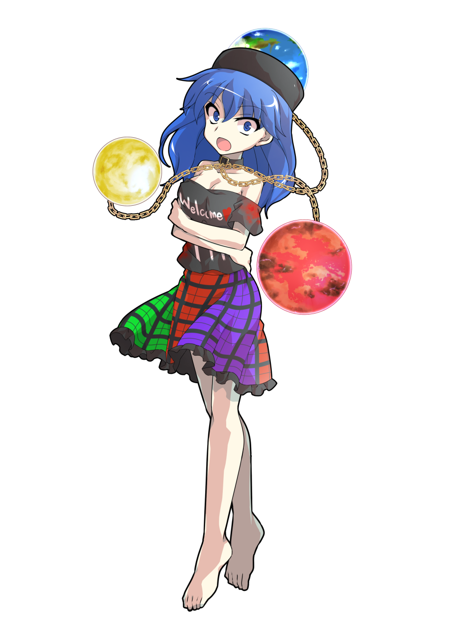 1girl alphes_(style) bare_shoulders barefoot black_choker black_hat black_shirt blue_eyes blue_hair breasts chain choker clothes_writing collarbone commentary_request commission crossed_arms dairi earth_(ornament) frills full_body gold_chain green_skirt hair_between_eyes hat heart heart_print hecatia_lapislazuli hecatia_lapislazuli_(earth) highres looking_at_viewer medium_breasts medium_hair moon_(ornament) multicolored_skirt off-shoulder_shirt off_shoulder open_mouth parody plaid_clothes plaid_skirt purple_skirt red_skirt shirt short_sleeves simple_background skeb_commission skirt solo standing style_parody surprised t-shirt tachi-e touhou touhou_sangetsusei transparent_background underworld_(ornament) wide-eyed