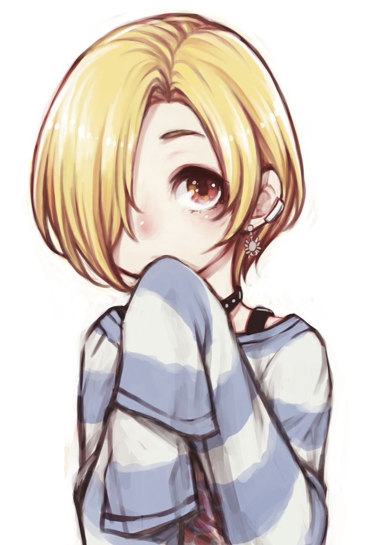 1girl blonde_hair brown_eyes choker ear_piercing earrings expressionless hair_over_one_eye haruhito_(divineshalt) idolmaster idolmaster_cinderella_girls jewelry long_sleeves looking_at_viewer piercing shirasaka_koume shirt short_hair simple_background sleeves_past_fingers sleeves_past_wrists solo striped_clothes striped_shirt studded_choker upper_body white_background