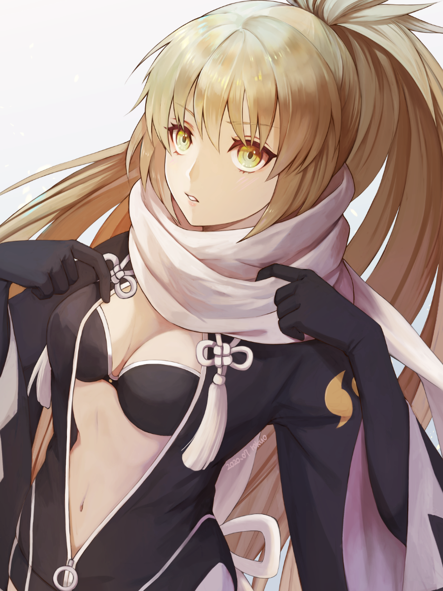 1girl bikini black_bikini black_gloves black_kimono blonde_hair breasts cleavage elbow_gloves fate/grand_order fate_(series) gloves highres japanese_clothes kimono long_hair long_sleeves medium_breasts navel okita_j._souji_(fate) okita_j._souji_(second_ascension)_(fate) okita_souji_(fate) okita_souji_(koha-ace) parted_lips ponytail rokuo016 scarf solo swimsuit very_long_hair white_scarf wide_sleeves yellow_eyes