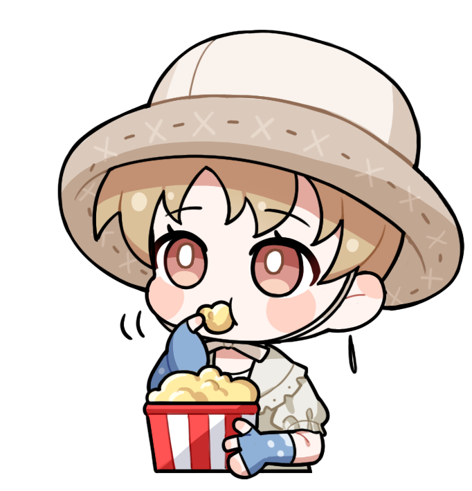 1girl androgynous artist_request blonde_hair blue_gloves blush_stickers bow bowtie bright_pupils brown_eyes chewing chibi collared_shirt cropped_torso eating eyelashes fingerless_gloves food frilled_shirt_collar frills gloves hat holding holding_food infinity_nikki looking_ahead motion_lines nikki_(series) official_art popcorn puffy_short_sleeves puffy_sleeves ribbon-trimmed_headwear ribbon_trim rippling_serenity_(infinity_nikki) shirt short_hair short_sleeves solo tareme transparent_background white_bow white_bowtie white_hat white_pupils white_shirt