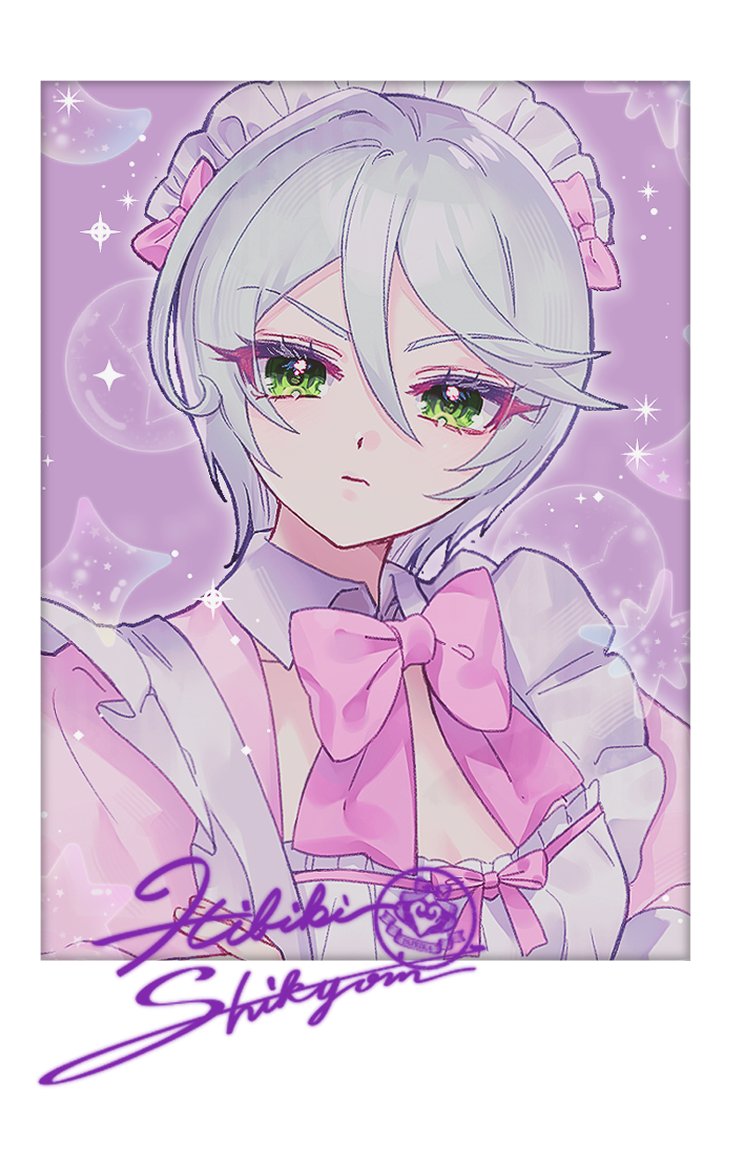 1girl border bow character_name character_signature chuu0105 closed_mouth detached_collar green_eyes grey_hair hair_between_eyes looking_at_viewer maid maid_headdress pink_bow pink_ribbon polaroid_photo pretty_series pripara purple_background ribbon shikyoin_hibiki short_hair solo upper_body white_border