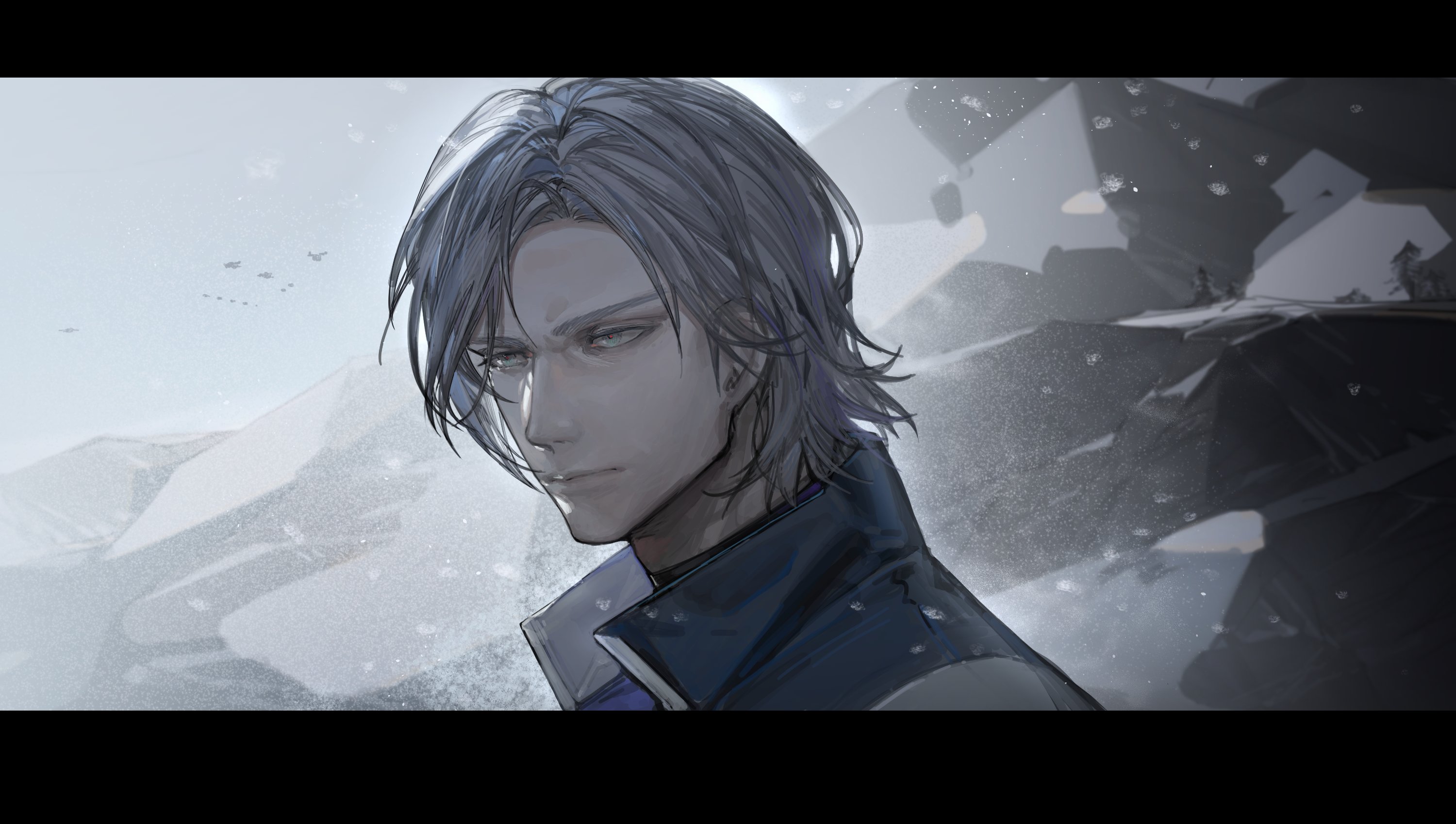 1boy armored_core armored_core_vi:_fires_of_rubicon blue_jacket closed_mouth grey_background grey_eyes grey_hair highres jacket letterboxed male_focus outdoors portrait riio short_hair snow solo v.iv_rusty