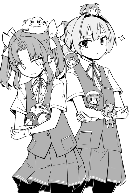 6+girls bike_shorts_under_skirt collared_shirt creature_on_head dress_shirt fairy_(kancolle) gloves hair_ornament hair_ribbon kagerou_(kancolle) kakizaki_(chou_neji) kantai_collection long_hair looking_at_viewer mini_person minigirl miss_cloud multiple_girls neck_ribbon pleated_skirt ponytail ribbon school_uniform shiranui_(kancolle) shirt short_hair shorts shorts_under_skirt skirt sparkle twintails vest