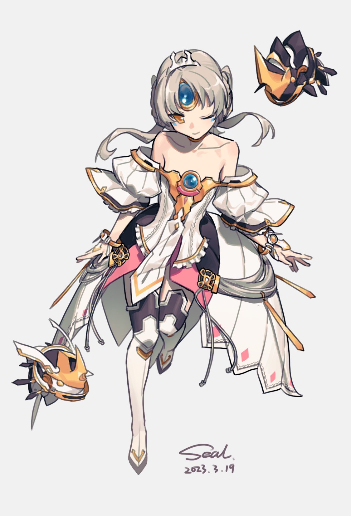 1girl 2023 airseal android bare_shoulders chest_jewel closed_mouth code:_empress_(elsword) collarbone commentary dated detached_sleeves dress elsword eve_(elsword) facial_mark floating floating_object forehead_jewel full_body highres looking_at_viewer moby_(elsword) off-shoulder_dress off_shoulder one_eye_closed remy_(elsword) robot short_hair signature simple_background strapless strapless_dress tiara white_background white_dress white_hair yellow_eyes