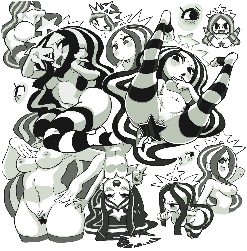 1girl ahegao ass black_eyes black_hair blush blush_stickers breasts censored censored_nipples crown cup disposable_coffee_cup disposable_cup female_pubic_hair gashi-gashi greyscale long_hair medium_breasts monochrome multicolored_hair multiple_views navel nipples open_mouth pubic_hair spread_legs star_censor starbucks starbucks_siren stb-chan striped_clothes striped_thighhighs thighhighs very_long_hair wavy_hair white_background white_hair