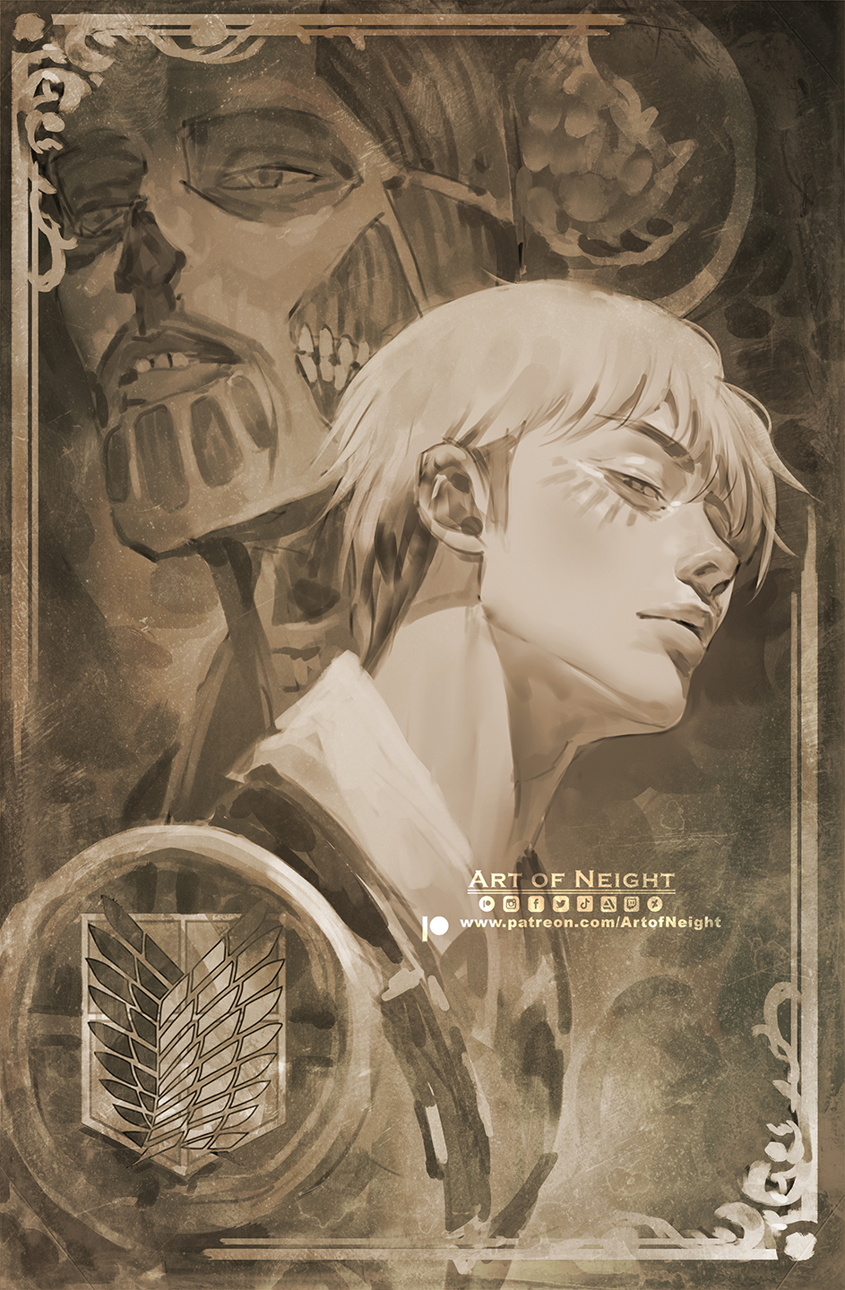 2boys armin_arlert art_of_neight brown_theme colossal_titan facial_mark half-closed_eyes highres male_focus monochrome multiple_boys paradis_military_uniform scar shingeki_no_kyojin sideways_glance spoilers survey_corps_(emblem) symmetry titan_(shingeki_no_kyojin) titan_shifter_scars upper_body