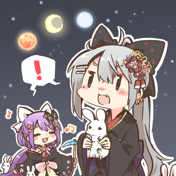 ! 2girls animal beamed_eighth_notes black_bow black_kimono bow chibi crescent_moon eighth_note flower grey_hair hair_bow hair_flower hair_ornament higuchi_kaede holding holding_animal holding_pickaxe japanese_clothes kimono long_hair long_sleeves moon multiple_girls musical_note night night_sky nijisanji outdoors outline pickaxe ponytail purple_eyes purple_hair rabbit rebecca_(keinelove) red_flower sakura_ritsuki shared_speech_bubble sky sleeves_past_wrists speech_bubble spoken_exclamation_mark star_(sky) starry_sky very_long_hair virtual_youtuber white_flower white_outline wide_sleeves