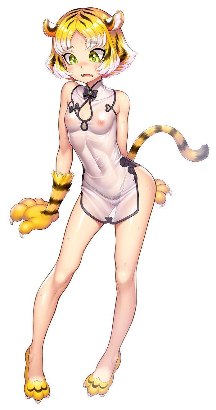 1girl alternate_costume animal_ears bare_legs blonde_hair cat_girl cat_tail reference_sheet china_dress chinese_clothes claws dress embarrassed fangs full_body highleg highleg_panties highres lilith-soft long_hair medium_hair nipples official_alternate_costume open_mouth panties see-through_clothes see-through_dress short_dress simple_background solo standing sweat tail taimanin_(series) taimanin_rpgx thighs thong tiger_ears tiger_tail torajiro_(taimanin_series) underwear white_background wide_hips zol