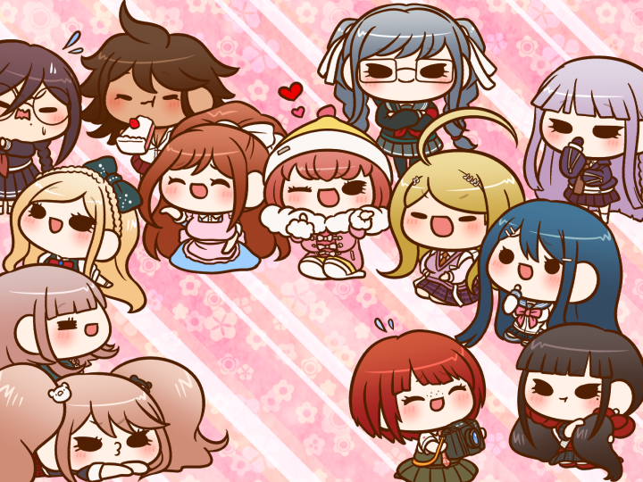 6+girls :t ^_^ ahoge akamatsu_kaede ando_ruruka apron back_bow backpack bag beanie bear_hair_ornament black-framed_eyewear black_eyes black_jacket black_pantyhose black_shirt black_skirt black_socks black_thighhighs blazer blonde_hair blue_dress blue_gemstone blue_hair blue_jacket blue_sailor_collar blue_skirt blunt_bangs blunt_ends bow bow_button bowtie braid breasts brooch brown_hair brown_necktie cake cake_slice camera chewing chibi cleavage closed_eyes closed_mouth coat collared_dress collared_shirt commentary_request covering_own_mouth crossed_arms crown_braid danganronpa:_trigger_happy_havoc danganronpa_(series) danganronpa_2:_goodbye_despair danganronpa_3_(anime) danganronpa_v3:_killing_harmony dark-skinned_female dark_skin dress earrings eating enoshima_junko eyelashes floral_background flying_sweatdrops food fortissimo freckles frilled_apron frills fruit fukawa_toko fur-trimmed_hood fur_trim furrowed_brow gem glasses green_bow green_skirt green_vest grey_hair grey_sailor_collar grey_skirt hair_bow hair_ornament hair_ribbon hair_scrunchie hairclip hand_on_own_arm hand_on_own_chin harukawa_maki hat heart high_ponytail holding holding_camera holding_food hood hood_down hooded_coat jacket jewelry kirigiri_kyoko kneehighs koizumi_mahiru large_breasts light_blush long_dress long_hair long_skirt long_sleeves looking_at_another low_twin_braids low_twintails lying maizono_sayaka messy_hair miniskirt mole mole_under_eye mole_under_mouth multiple_girls musical_note musical_note_hair_ornament musical_note_print nanami_chiaki neckerchief necktie nervous_smile no_shoes o3o on_stomach one_eye_closed open_clothes open_jacket open_mouth orange_necktie outstretched_arm owari_akane pale_skin pantyhose pekoyama_peko pink_apron pink_background pink_bow pink_bowtie pink_coat pink_hair pink_vest plaid_clothes plaid_necktie plaid_skirt playing_with_own_hair pleated_skirt pom_pom_(clothes) pom_pom_beanie ponytail pout purple_hair purple_jacket purple_serafuku purple_shirt purple_skirt red_bow red_bowtie red_hair red_neckerchief red_necktie red_scrunchie red_shirt red_skirt red_thighhighs ribbon round_eyewear sailor_collar school_uniform scrunchie seiza serafuku shirt short_sleeves simple_background single_braid sitting skirt skirt_set smile socks solid_circle_eyes solid_oval_eyes sonia_nevermind straight_hair strawberry strawberry_shortcake stud_earrings sweatdrop thighhighs thinking three-quarter_sleeves twin_braids twintails v-neck v-shaped_eyebrows very_long_hair vest wavy_mouth white_bag white_bow white_ribbon white_shirt white_socks white_thighhighs yellow_hat yukizome_chisa yumaru_(marumarumaru) zipper zipper_pull_tab