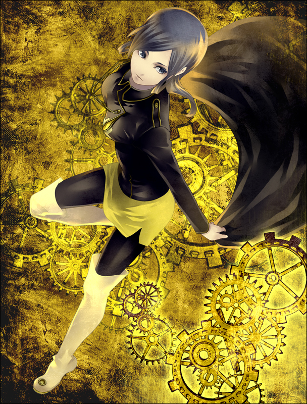 10s 1girl black_eyes black_hair boots devil_survivor_(series) devil_survivor_2 female_focus gears knee_boots pantyhose sako_makoto skirt solo tatsuji thigh_boots thighhighs
