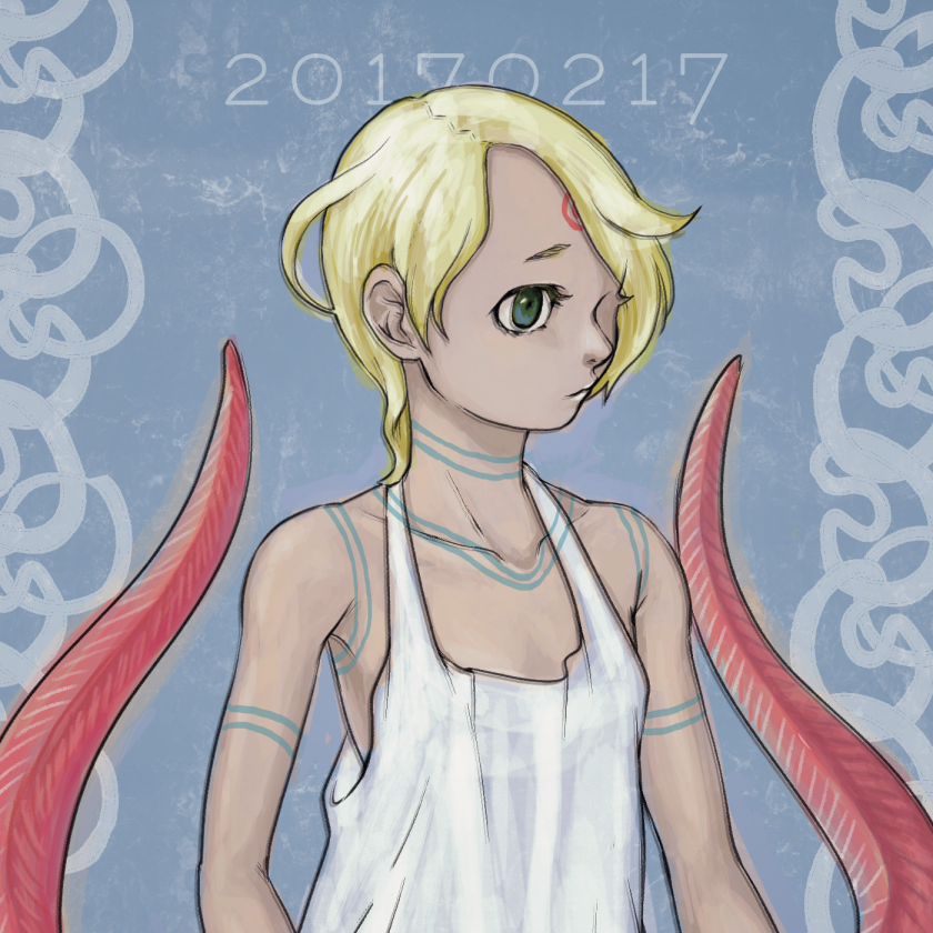 1girl alternate_hair_color beta_beta blonde_hair breath_of_fire breath_of_fire_v closed_mouth collarbone dated dress facial_mark full-body_tattoo green_eyes nina_(breath_of_fire_v) red_wings short_hair solo tattoo white_dress wings