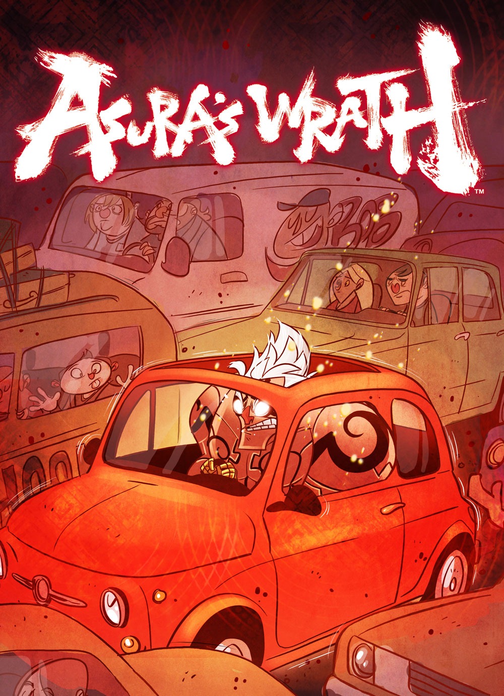 angry asura&#039;s_wrath asura_(asura&#039;s_wrath) capcom car cyber_connect_2 fiat fiat_500 glowing glowing_eyes highres motor_vehicle penny_arcade red_theme white_eyes white_hair