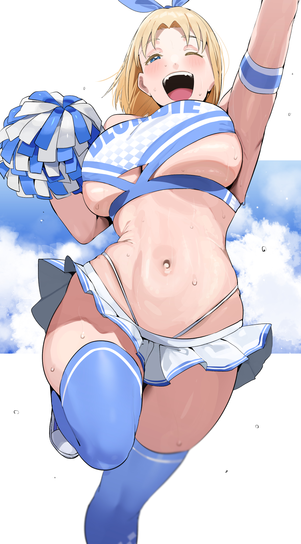 1girl blonde_girl_(okpriko) blonde_hair blue_eyes blush breasts cheering cheerleader crop_top hairband highres holding holding_pom_poms large_breasts looking_at_viewer miniskirt navel okpriko one_eye_closed open_mouth original pleated_skirt pom_pom_(cheerleading) pom_poms short_hair simple_background skirt smile solo sweat underboob white_background