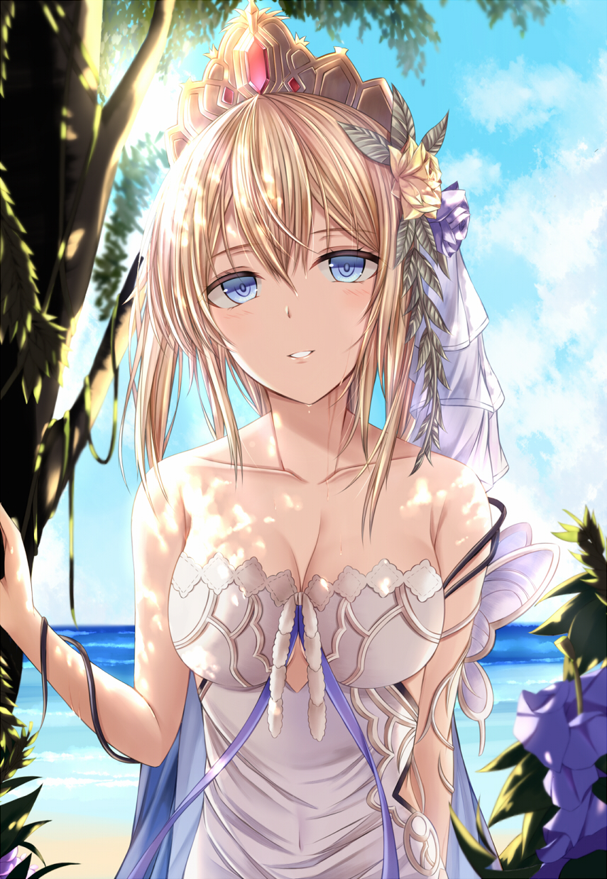 1girl bare_shoulders beach blonde_hair blue_eyes blue_sky breasts collarbone dress europa_(granblue_fantasy) flower granblue_fantasy hair_flower hair_ornament highres kanpyou_(hghgkenfany) looking_at_viewer medium_hair ocean sky solo sunlight tiara tree upper_body white_dress yellow_flower