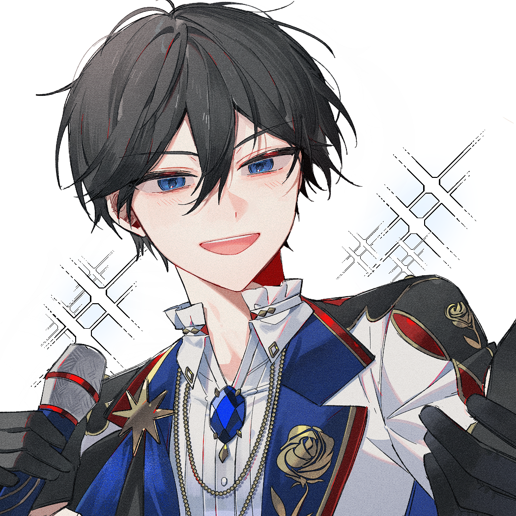 1boy anight black_gloves black_hair blue_brooch blue_eyes ensemble_stars! gloves hair_between_eyes hidaka_hokuto high_collar holding holding_microphone long_sleeves male_focus microphone official_alternate_costume open_mouth outstretched_hand short_hair smile solo upper_body