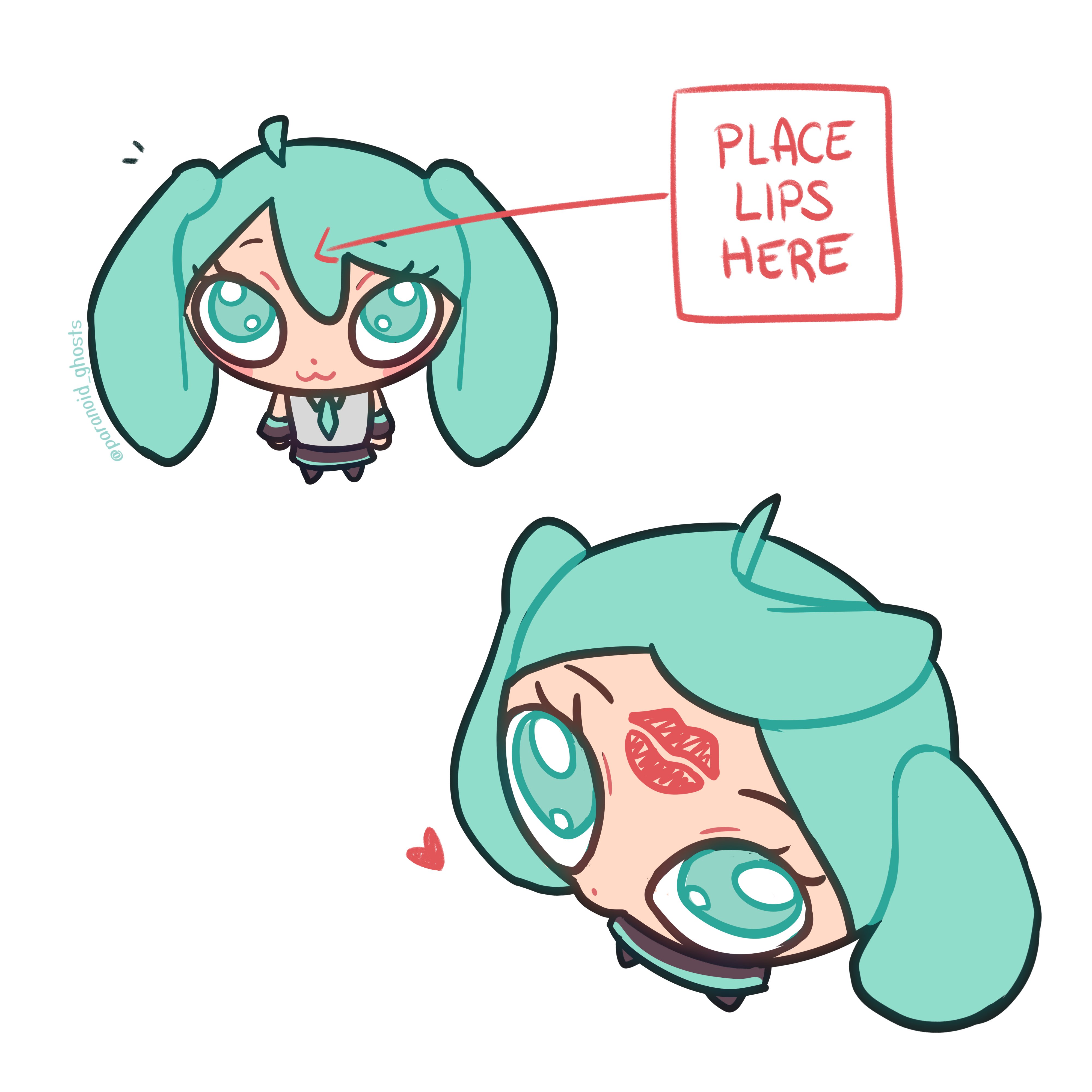 1girl :3 absurdres ahoge aqua_eyes aqua_hair chibi commentary detached_sleeves dot_nose english_commentary english_text eyelashes from_above full_body hatsune_miku heart highres legs_apart lipstick_mark_on_forehead long_hair meme multiple_views necktie paranoid_ghosts place_lips_here_(meme) simple_background skirt standing twintails twitter_username very_long_hair vocaloid white_background