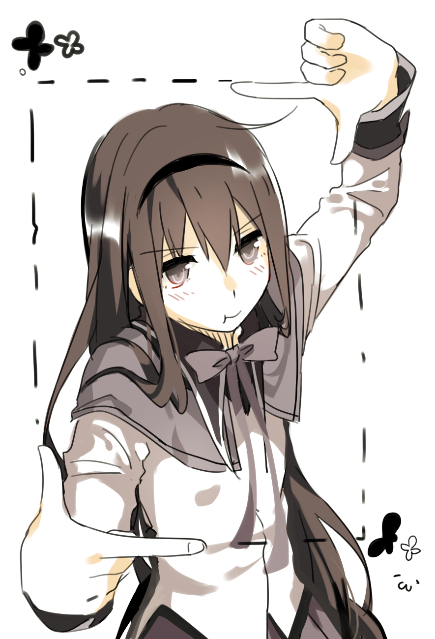 10s 1girl :t akemi_homura akemi_homura_(magical_girl) black_hair female_focus hairband highres long_hair looking_at_viewer magical_girl mahou_shoujo_madoka_magica mahou_shoujo_madoka_magica_(anime) simple_background solo white_background zgxuke