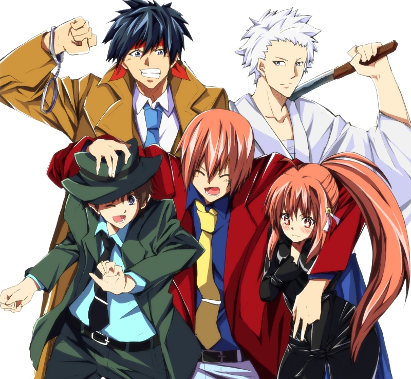 1girl 4boys arsene_lupin_iii arsene_lupin_iii_(cosplay) black_necktie blue_necktie catsuit coat cosplay cuffs handcuffs hat inohara_masato ishikawa_goemon_xiii ishikawa_goemon_xiii_(cosplay) jacket japanese_clothes jigen_daisuke jigen_daisuke_(cosplay) little_busters! lupin_iii mine_fujiko mine_fujiko_(cosplay) miyazawa_kengo multiple_boys naoe_riki natsume_kyousuke natsume_rin necktie oda_keito red_jacket sword trench_coat weapon yellow_necktie zenigata_kouichi zenigata_kouichi_(cosplay)